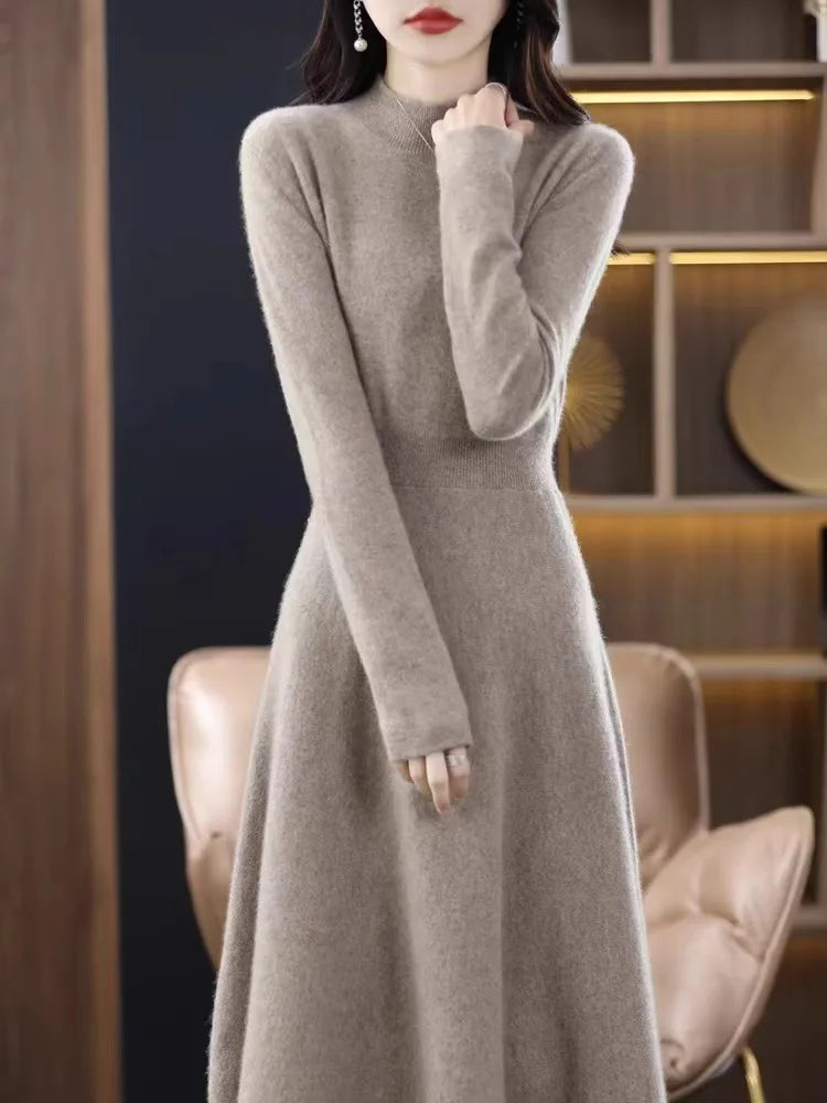 Women’s Mid-Length Knitted Wool Dress – High Collar Long Sleeve Casual Autumn Commute Dress for Ladies