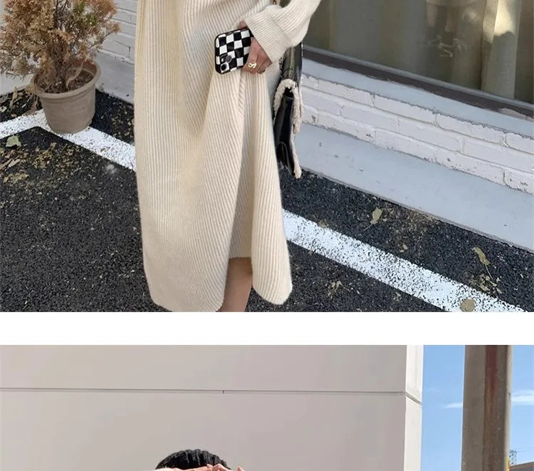Autumn Winter Knitted Zipper Collar Dress for Women – Long Sleeve Loose Fit Pure Color H-Shape Casual Warm Dress