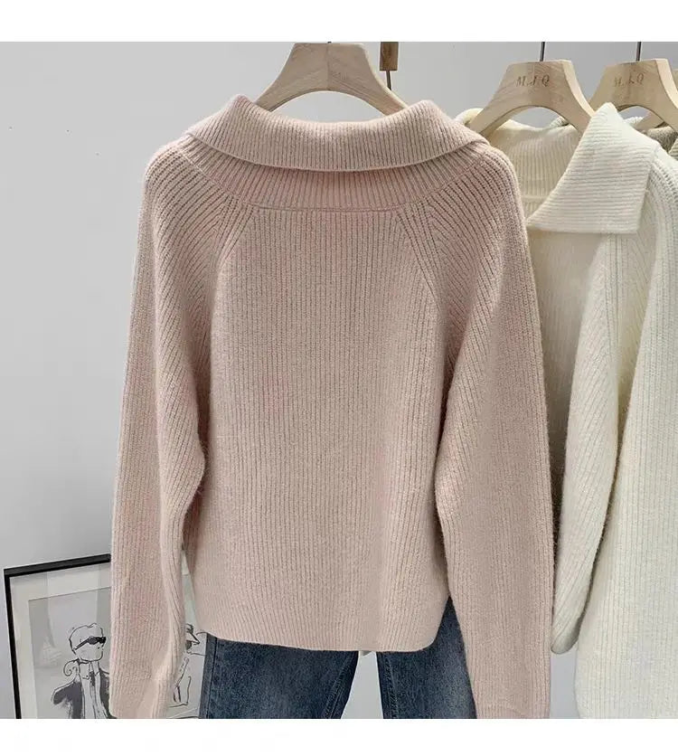 Pink Lazy Korean Style Big Collar Sweater – Women’s Autumn Winter Slim Soft Knitted Top | Sweet Loose Fit Versatile Knit