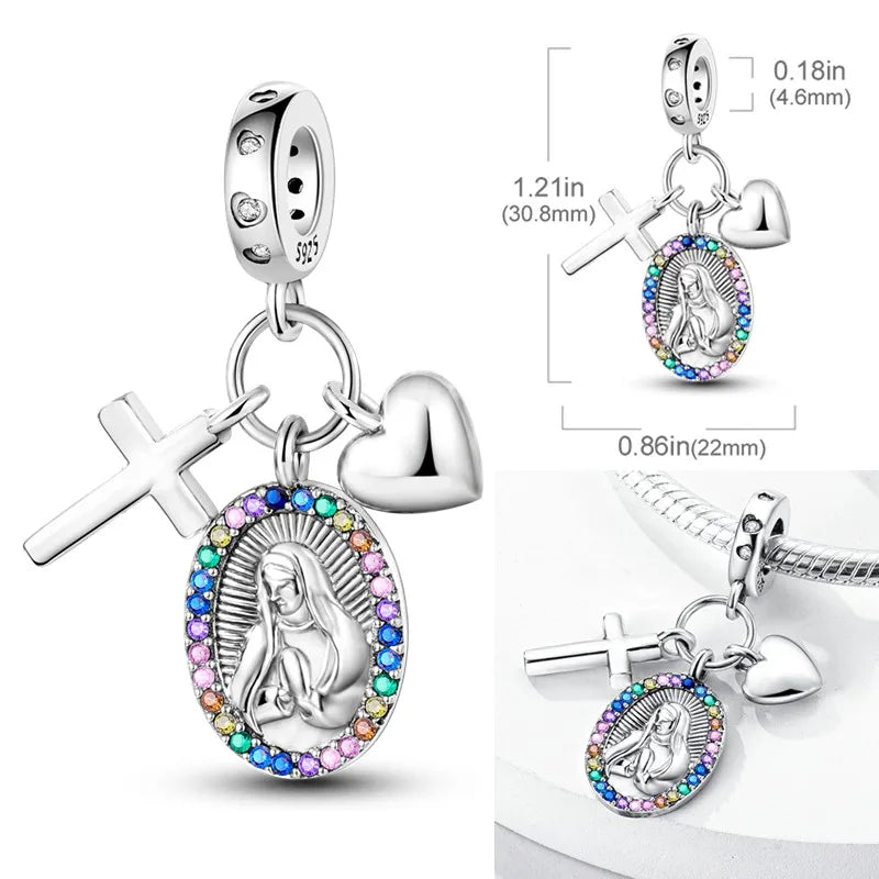 925 Sterling Silver Virgin Mary Dangle Charm | Fits Pandora Bracelet | Our Lady Pendant Bead | Religious DIY Jewelry Gift