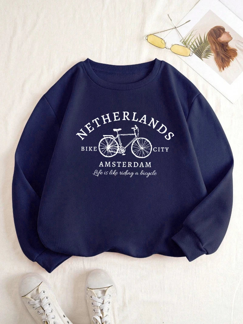 Netherlands Amsterdam Bike Design Pullover | Women’s Fleece Sweatshirt | Autumn Loose Crewneck Casual Top