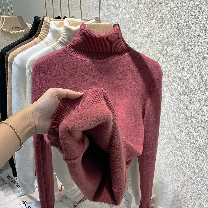 2025 Women’s High Collar Pullover Sweater – Thick Warm Soft Winter Top | Solid Color Bottoming Shirt