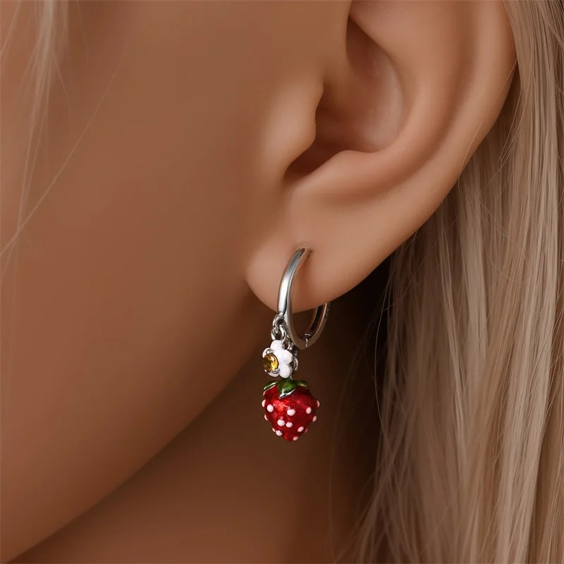 Original 925 Sterling Silver Fruit Series Earrings | Cherry & Strawberry Zircon Hoop Studs for Women Girls Party Jewelry