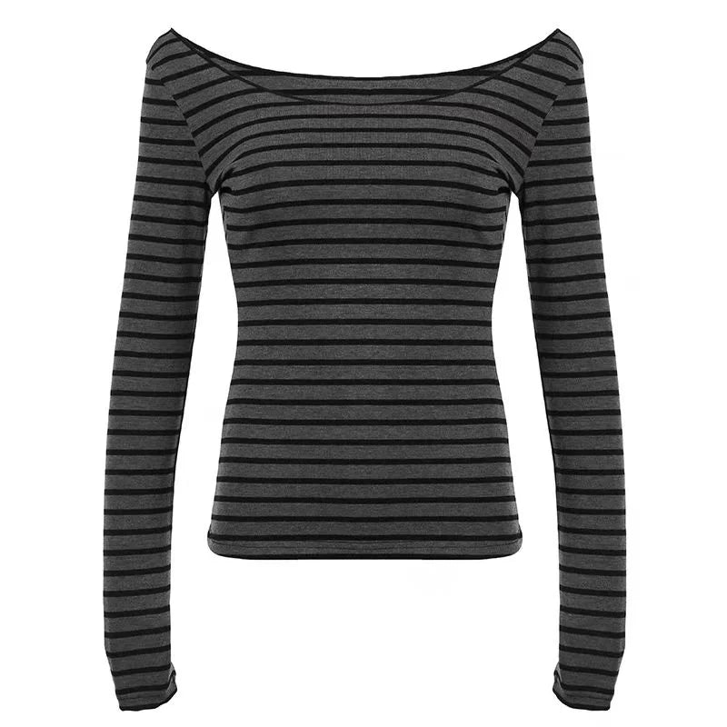 Y2K Grunge Emo Vintage Striped Off Shoulder Long Sleeve Top for Women – Black Grey Retro Goth Tee