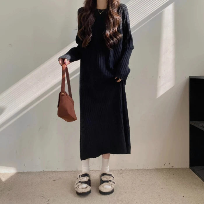 Plus Size Women’s Mid-Length Dress – Casual Round Neck Long Sleeve A-Line H-Line Skirt for Autumn Winter