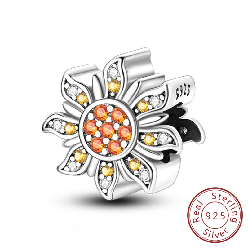New 925 Sterling Silver Sunflower Heart Charm Bead | Original Bracelet DIY Jewelry Gift for Women
