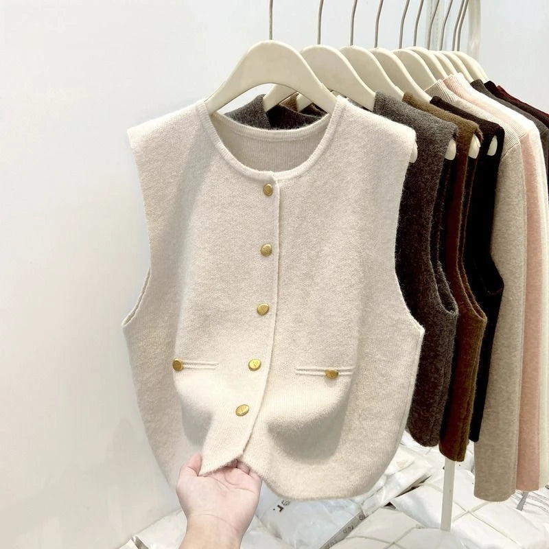 Women’s Knit Vest Cardigan Sweater | Sleeveless Button-Up Round Neck Casual Fashion Top