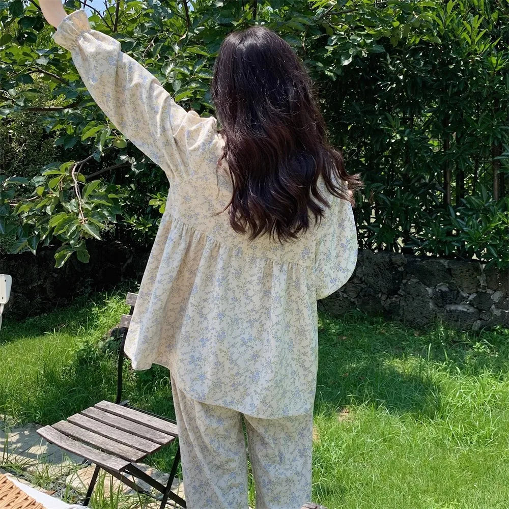 Women’s Plus Size Pajamas – Garden Style Student Homewear Two-Piece Set | Korean Version Bow Detail, Long Sleeve, Can Be Worn Outside