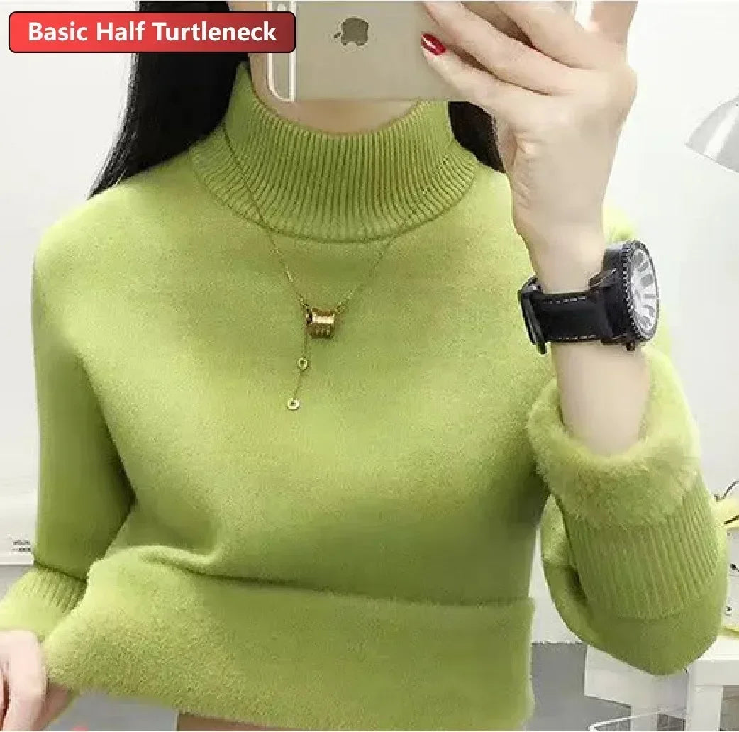 Women Winter Thicken Turtleneck Sweater – Slim Knit Plush Velvet Lined Warm Pullover Jumper