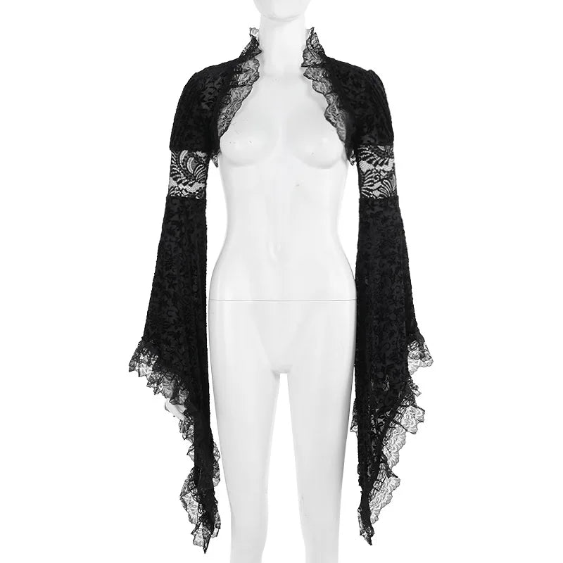 Dark Black Goth Top | Women’s Vintage Flared Sleeve Gothic T-Shirt Y2K Party Wear