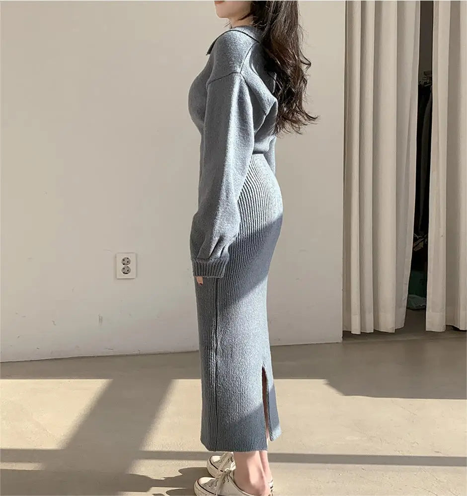 Elegant Neck Knitted Bodycon Dress for Women – Soft Autumn Winter Long Sleeve Casual Comfortable Fashion Dress