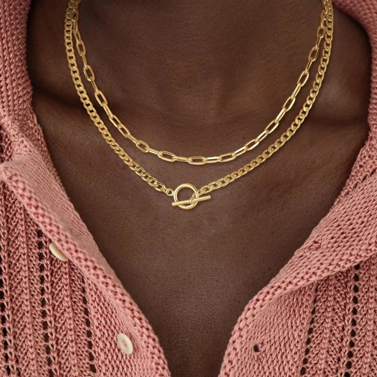 Gold Layered Cuban Link & Paperclip Chain Necklace | K Gold Plated Toggle Clasp Jewelry for Women