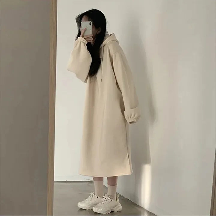 Chic Winter College Long Hoodie Dress ❄️ Lazy Fleece A-Line Side Slit Dress 👗 Pure Color Polyester Fiber 🧵