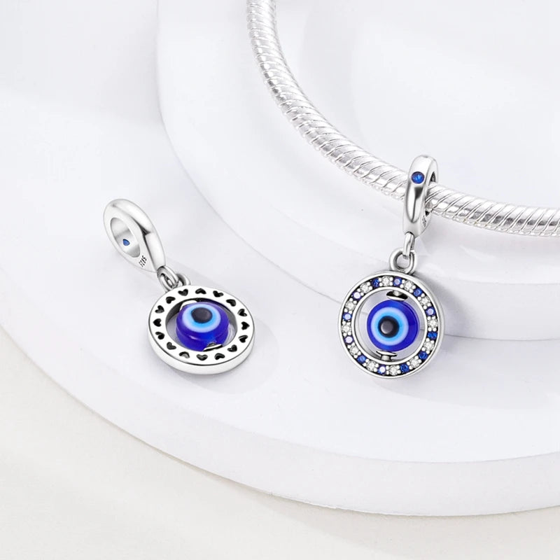 Blue 925 Sterling Silver Rotating Evil Eye Palm Moon Starry Sky Charms | Fit Original Bracelet Pendant Women Jewelry