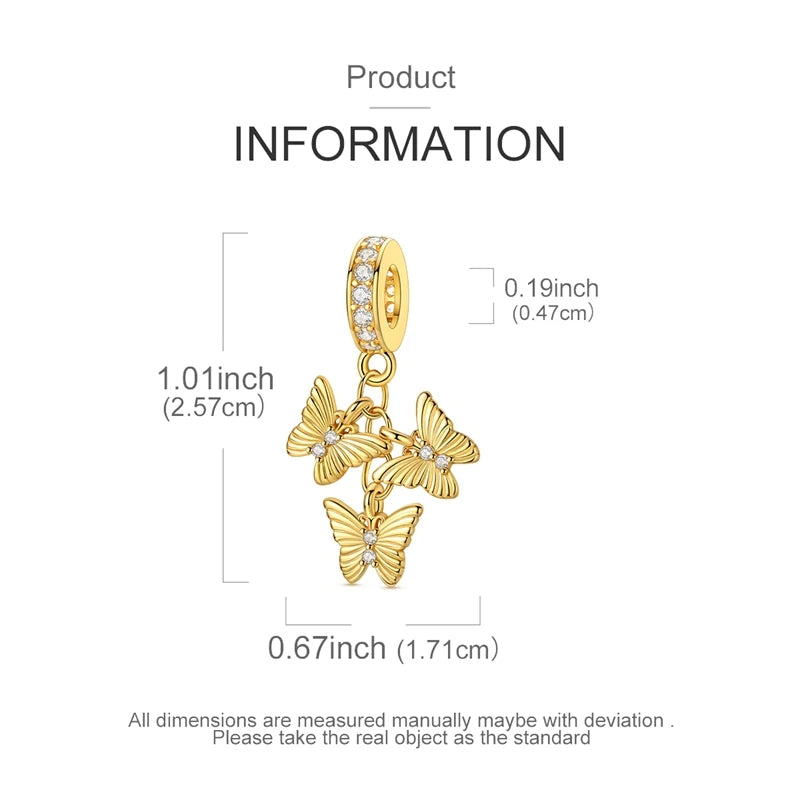 925 Sterling Silver Gold Charms Beads | Leopard, Butterfly, Firefly & Bee Dangle Fit Original Bracelet Women DIY Jewelry Gift