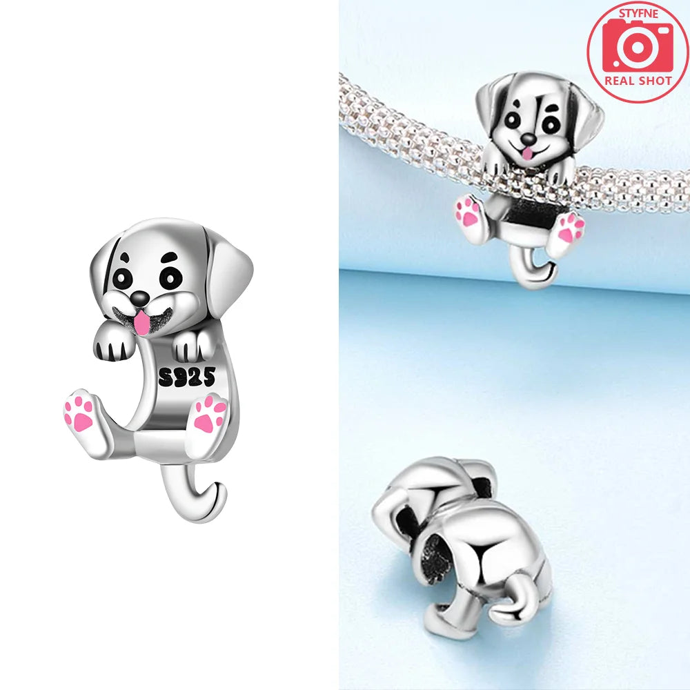Original 925 Sterling Silver Pink Zircon Cat Dog Squirrel Red Heart Bead | Fit Bracelet Women DIY Jewelry Gift