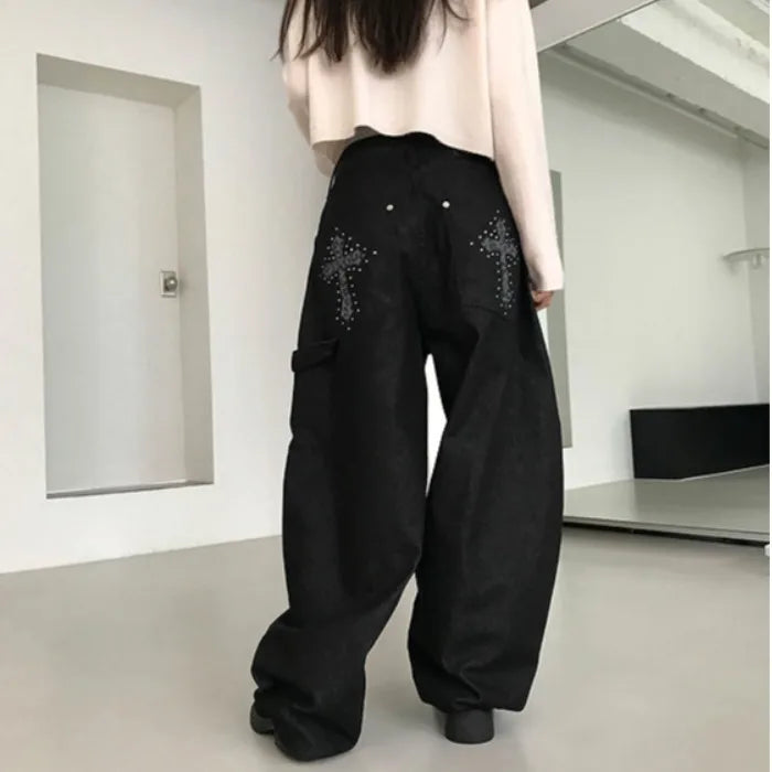 High Waist Wide-Leg Floor-Length Denim Jeans for Women – American Retro Casual Workwear Pants with Beaded Details