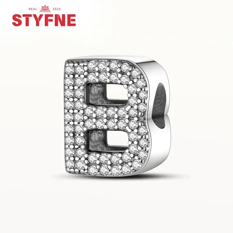 925 Sterling Silver Alphabet Letter Charm Beads with Shiny Zircon – A-Z Initial Beads for Pandora DIY Bracelet & Women’s Jewelry