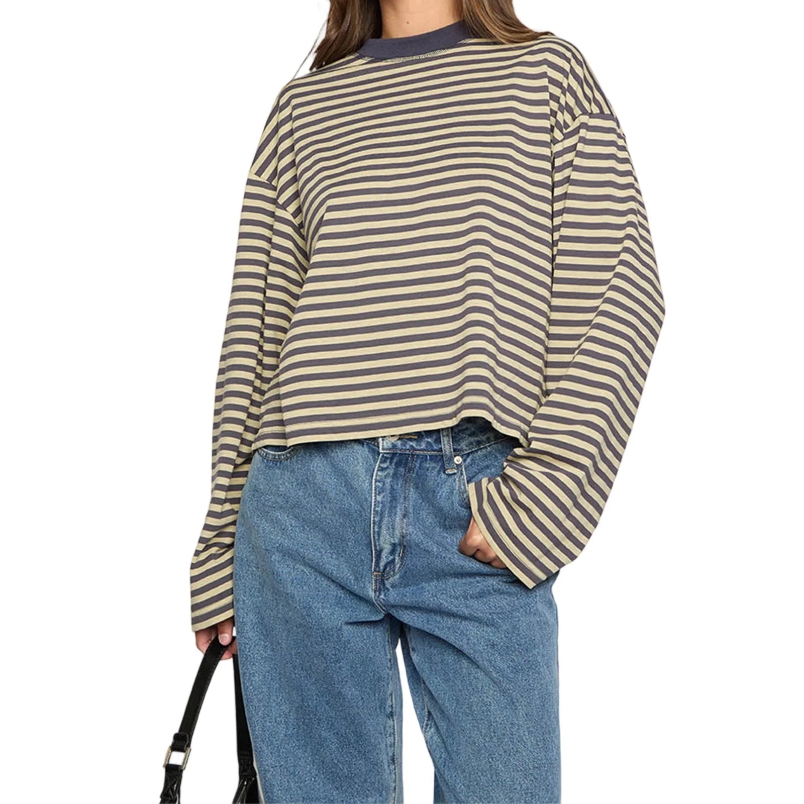 2025 Women's Retro Striped T-Shirt | Long Sleeve Crew Neck Top | Loose Fall Casual Streetwear