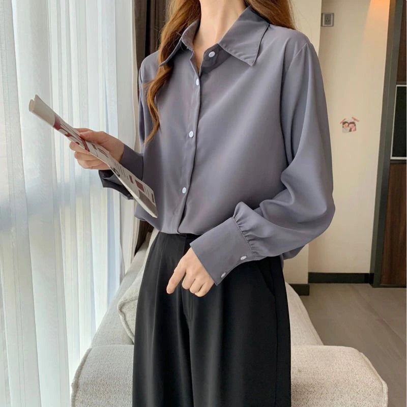 Women’s Chiffon White Shirt – Korean Fashion Loose Long Sleeve Elegant Office Blouse 🤍✨
