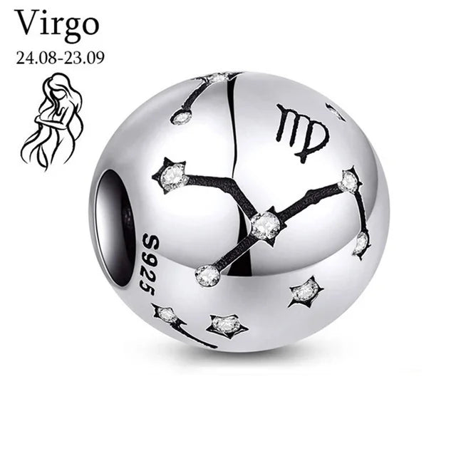 New 925 Sterling Silver Zodiac Constellation Beads | Round Pendant Charms for Women’s Bracelets & DIY Jewelry