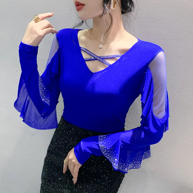 2025 Autumn Women’s Mesh Top – Korean Round Neck Ruffles & Diamond Detail Long Sleeve T-Shirt 🍂✨