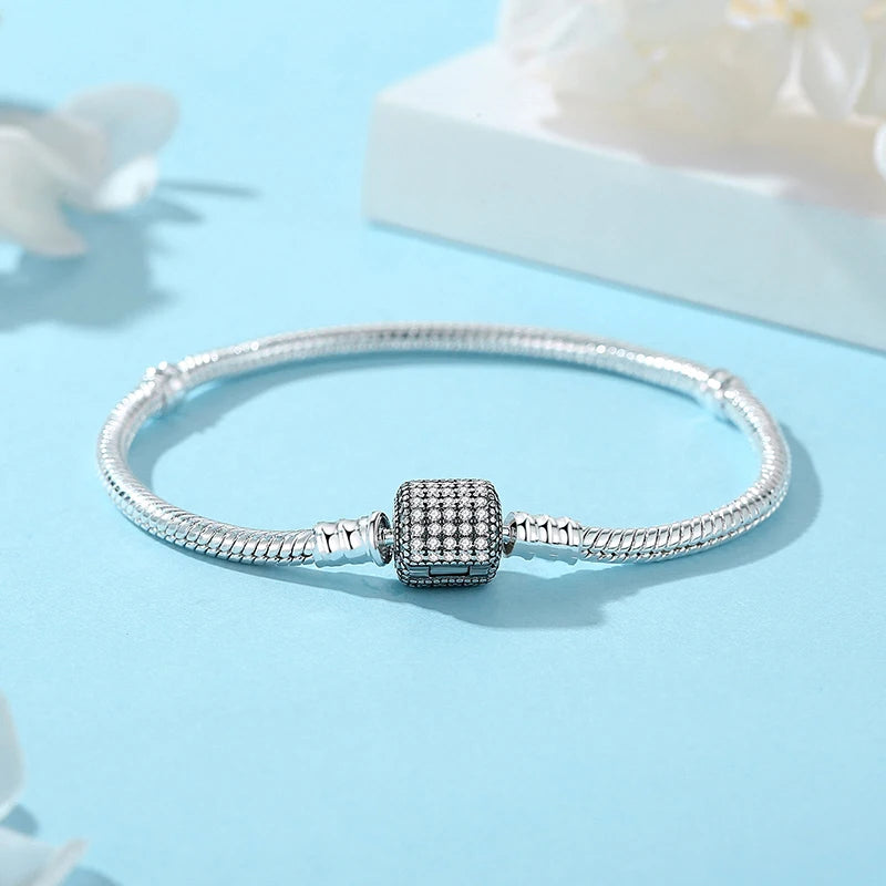 Original 925 Sterling Silver Snake Chain Bracelet | Love Heart Clip Charms & Beads | Rose Gold DIY Luxury Jewelry for Women