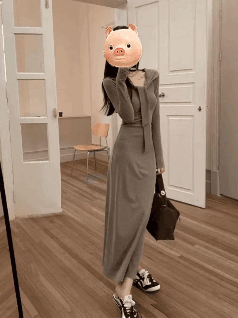 Early Autumn Korean Sle Knitted Slim Fit Long Sve Dr Women's Casual V-ne A-line Dr Warm Thi Polyester Fiber