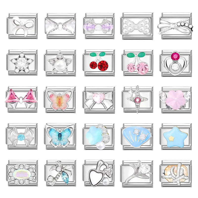 2025 Original Zircon Bow Knot Star Cherry Italian Charm | Stainless Steel 9mm Links DIY Modular Bracelet Jewelry Wholesale