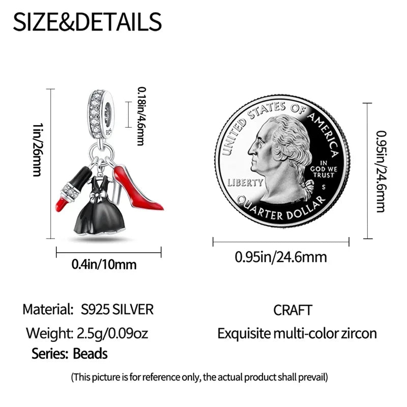 925 Sterling Silver Fashion Life Series Charms – High Heels, Lipstick, Dress & Perfume Beads Fit Pandora Bracelets DIY