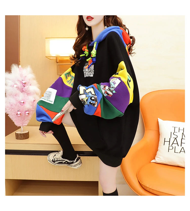Plus Size Women’s Hoodie – Fleece-Lined Mid-Length Jacket | Autumn Winter Trendy Korean Style Long Sleeve Sweatshirt