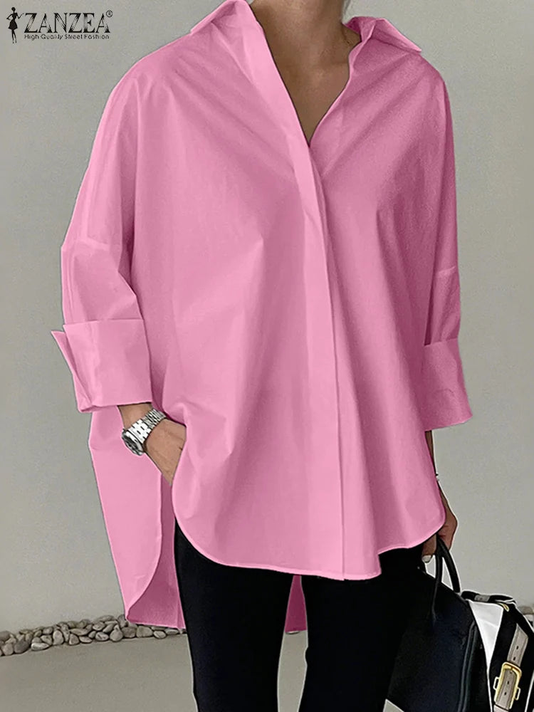 ZANZEA Oversized White Shirt Women – Turn-Down Collar Long Sleeve High-Low Top 2025 Autumn 🤍✨