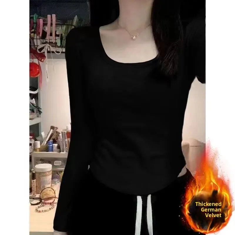 Women’s Long Sleeve Fleece-Lined Slim Fit Base Layer Top – Warm Velvet Thinned T-Shirt for Autumn Winter Workwear