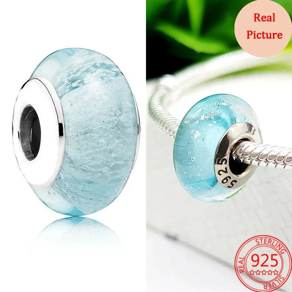925 Sterling Silver Murano Glass Galaxy & Clover Heart Beads | Fit Pandora Bracelet DIY Jewelry Gift for Mum