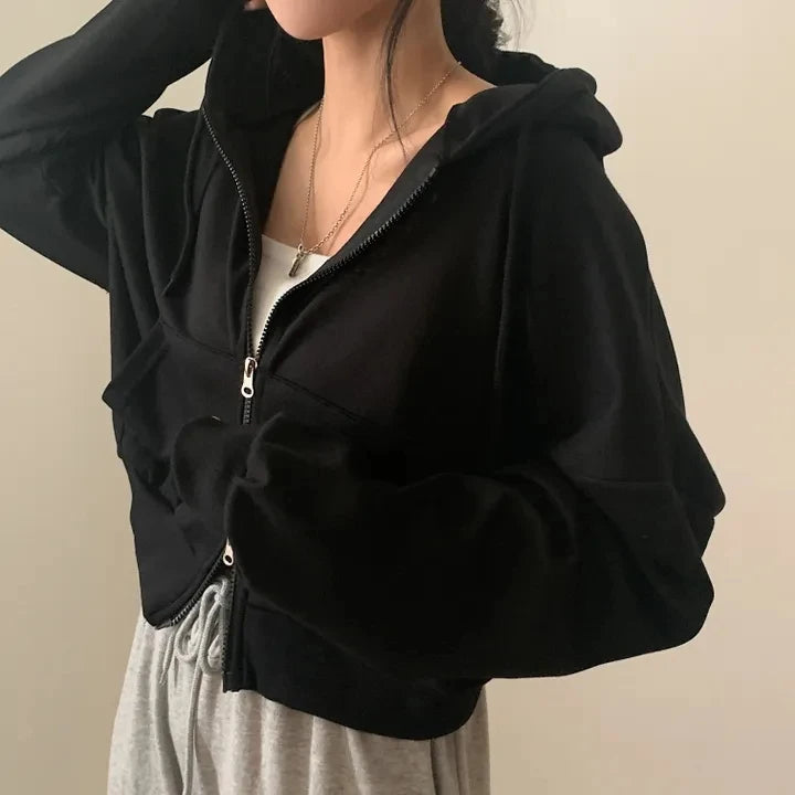 Chic Early Autumn Casual Long Sleeve Hoodie – Double Zipper Loose Versatile Cotton Pullover | Pure Color Commute Wear