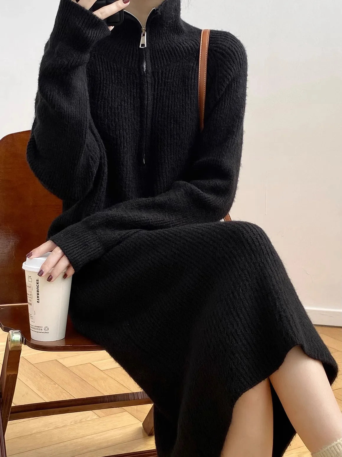 Thickened Long Sleeve Knitted Dress with Zipper Collar – Straight Tube Korean Style Winter Women’s Commute Warm Dress