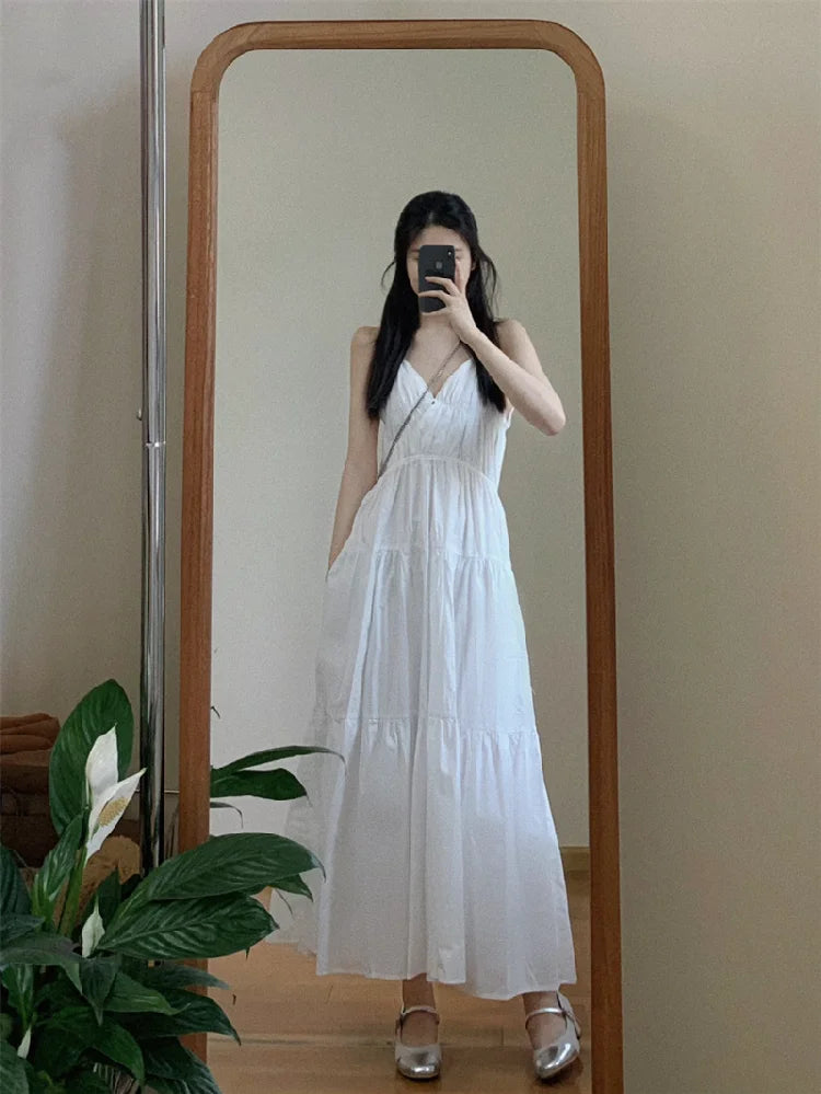 Women’s White V-Neck Backless Strap Dress – Summer Fairy Beach Vacation Long Skirt, Elegant Loose Waist Gown