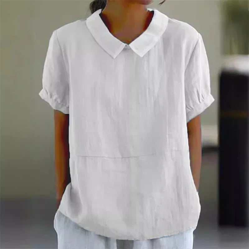 Women’s Summer Cotton Linen Lapel Pullover Shirt – Solid Color Short Sleeve Blouse 2024 👚☀️