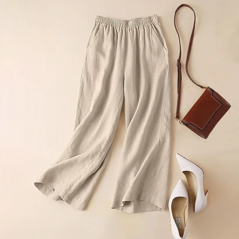 ZANZEA 2025 Women’s Cotton Linen Wide-Leg Pants | Summer Casual Elastic Waist Palazzo Trousers