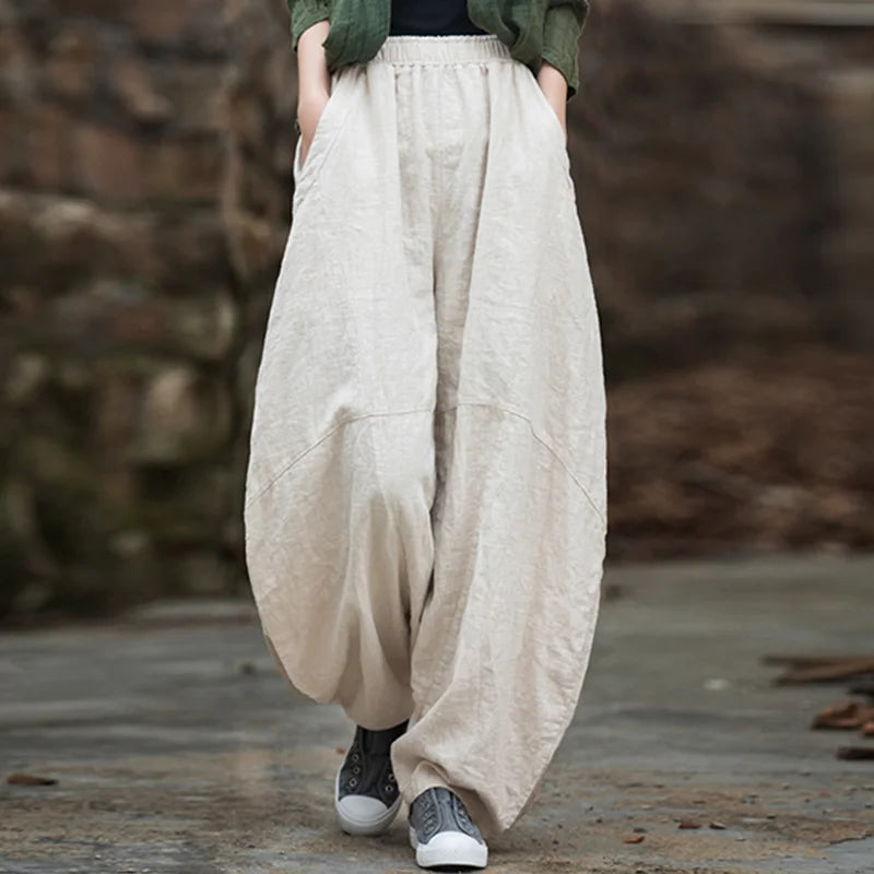 Elegant Women’s Cotton Linen Baggy Cargo Pants – Vintage Elastic Waist Wide-Leg Casual Trousers