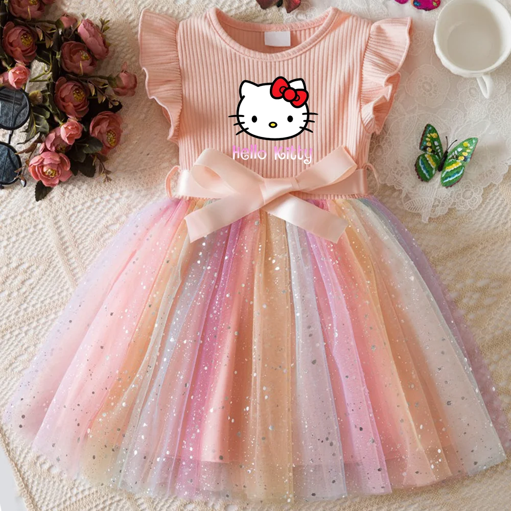 ✨ Hello Kitty Girls Sequins Dress 🎀 Rainbow Tulle Princess Dress 🌈 Toddler Birthday Party Outfit 👧 Ages 1–5 Years