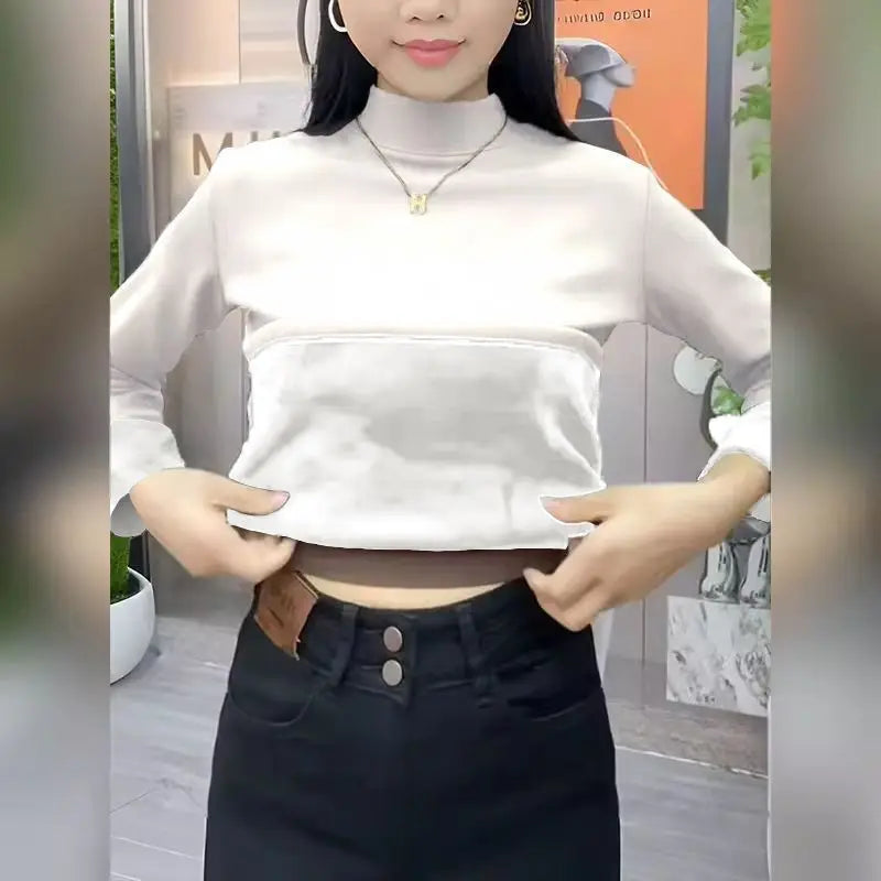 ❄️ Thiened Fleece Warm Long Sleeve Innerwear 👚 Slim Fit Mid-Neck Women's Base T-Shirt 🌸 Autumn Winter Two-Piece Set