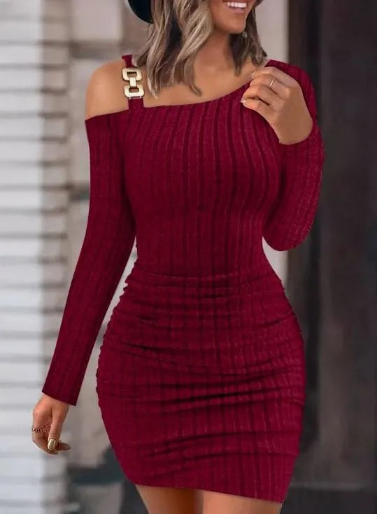Sexy Off-Shoulder Slope Neck Long Sleeve Hip Dress for Women – Slim Solid Color Autumn Winter Party Dress