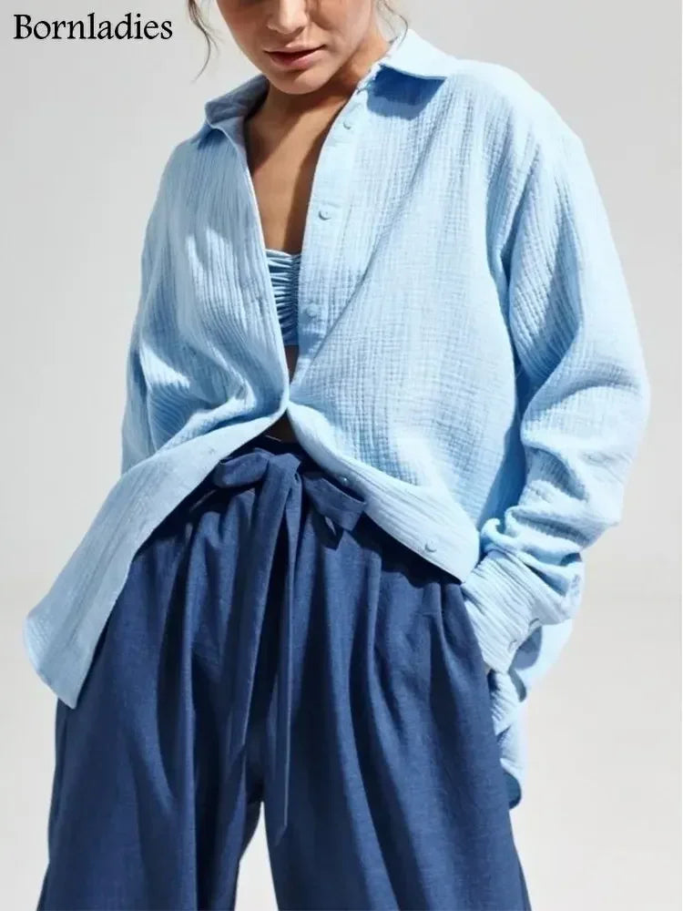 Bornladies 2025 Women’s Cotton Shirt – Solid Long Sleeve Loose Office Top 👚☀️