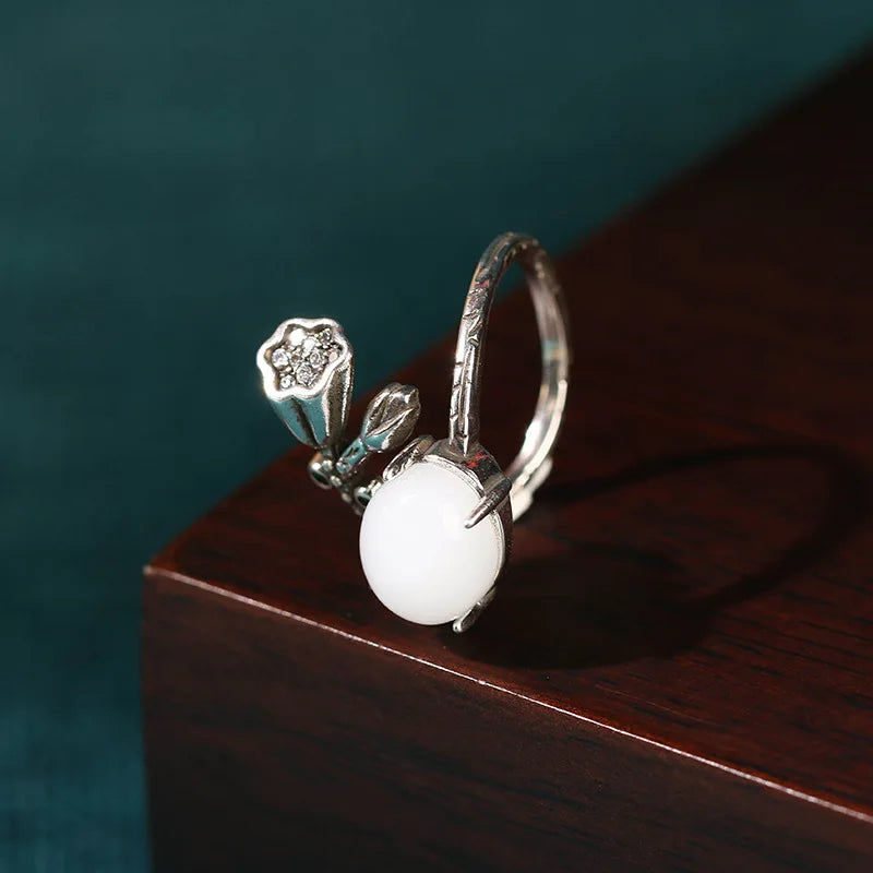 PANJBJ 925 Sterling Silver Hotan Jade Geometric Adjustable Ring | Retro Delicate Jewelry Gift for Women