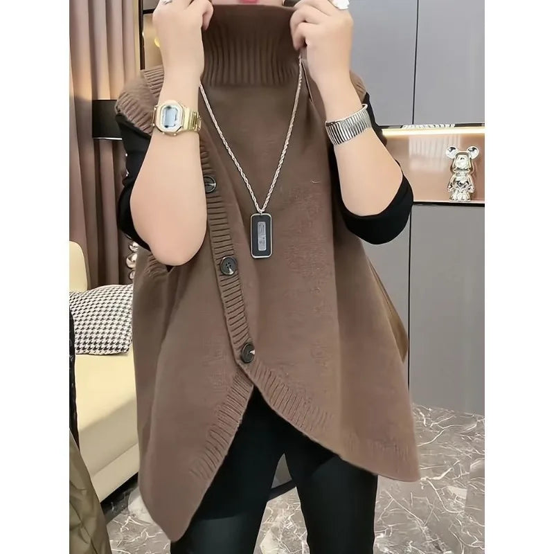 Women’s Sleeveless Long Sweater Vest | Vintage Irregular Spliced Button Knitwear | Elegant Turtleneck Loose Pullover