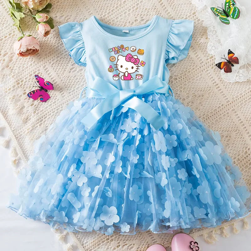 Hello Kitty Girls Tulle Flower Princess Dress | Wedding & Party Tutu Dress | Sleeveless Birthday Gift Outfit