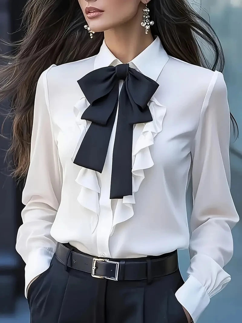 Women’s Formal Shirt Collar Bow Tie Ruffles – Long Sleeve Elegant Blouse 👚✨