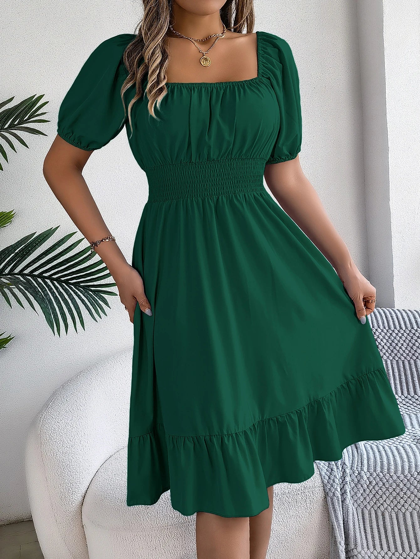 2026 Women’s Elegant High-Waisted Dress – Square Neck, Short Sleeve, Ruffled Edge Long Dress | Spring Summer Valentine’s Day