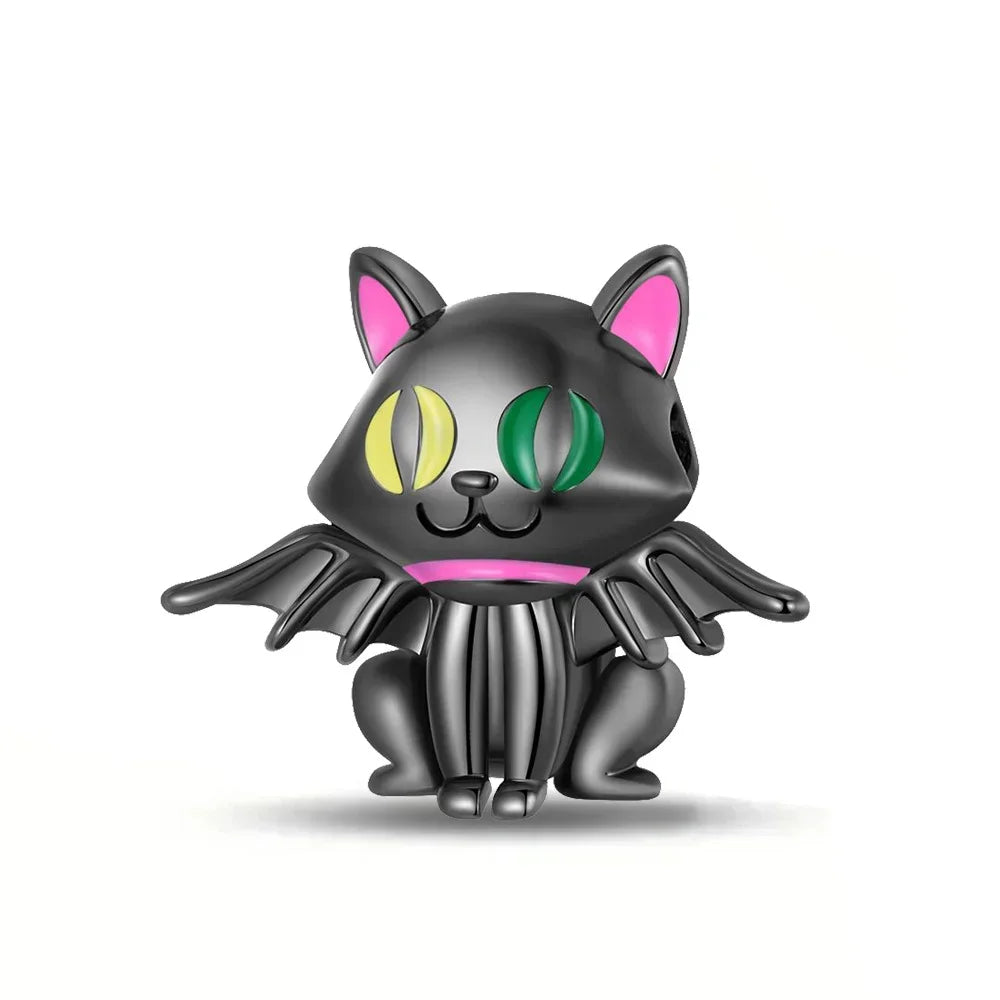 Halloween 925 Sterling Silver Black Skull, Bat & Pumpkin Charms | Pendant for DIY Original Bracelets, Women’s Fine Jewelry Gift